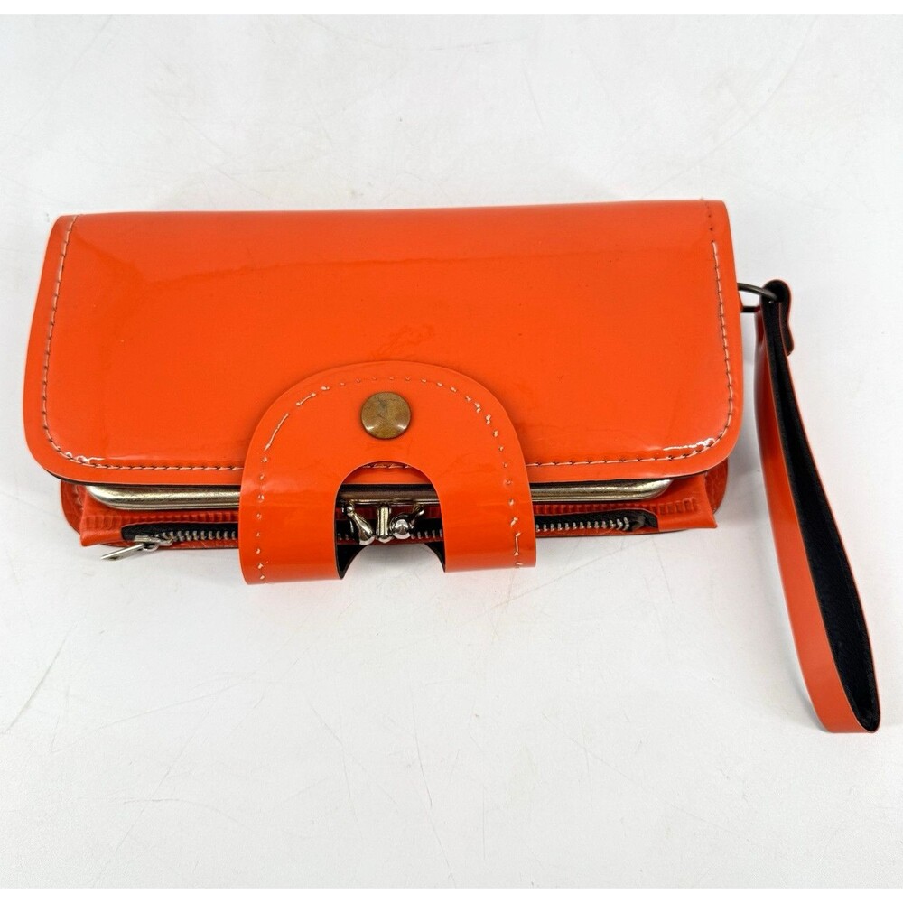 Vintage 1970s Orange Patent Swing Purse Wristlet Double Kiss Lock Wallet